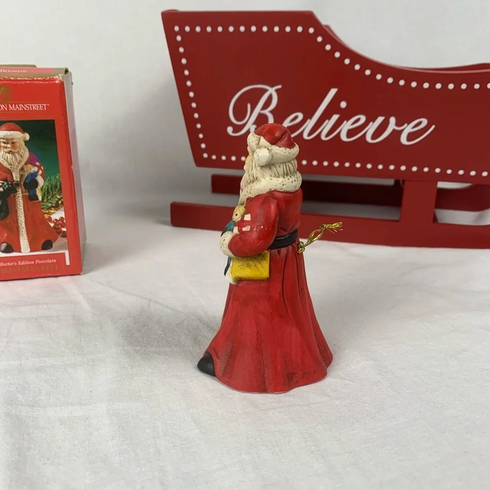 Vintage Charming Santa Claus Bell Figurine w/ Red Coat Green Bag In Original Box